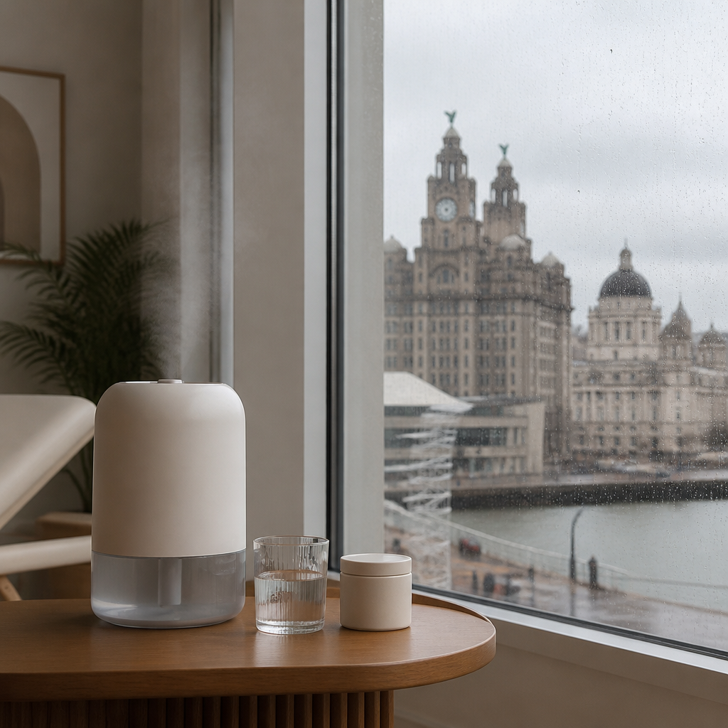 Calm clinic window with a humidifier and water glass, illustrating dry winter air and skin hydration in Liverpool