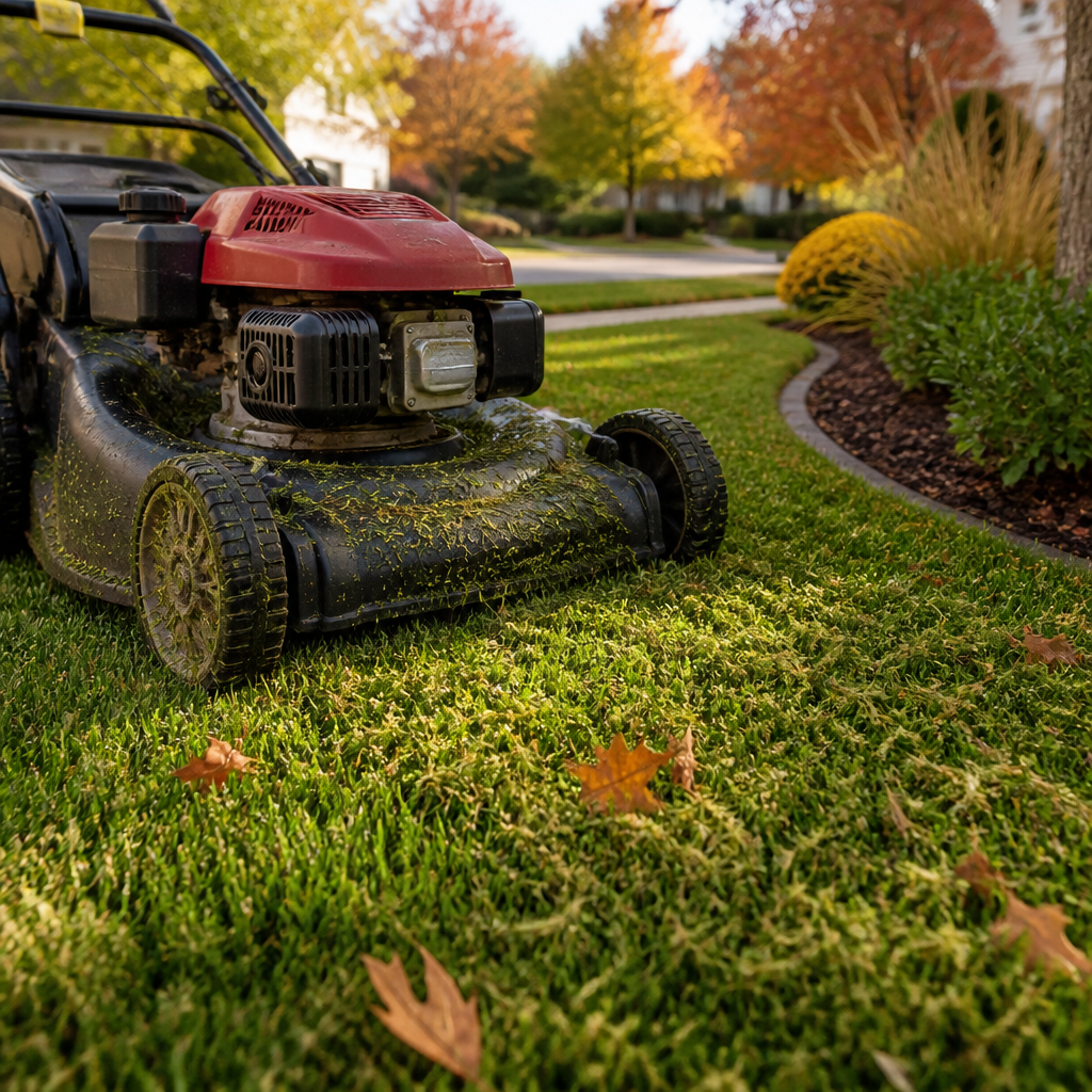 Mulching mower leaving fine grass clippings on a freshly cut autumn lawn in an Alabama neighborhood