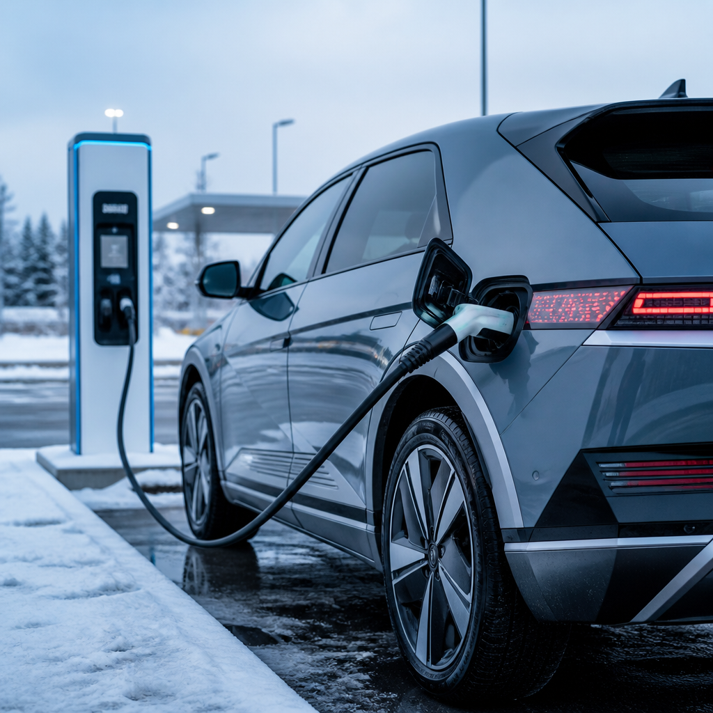 Electric car charging at a motorway fast-charging station during a winter stop on a long trip.