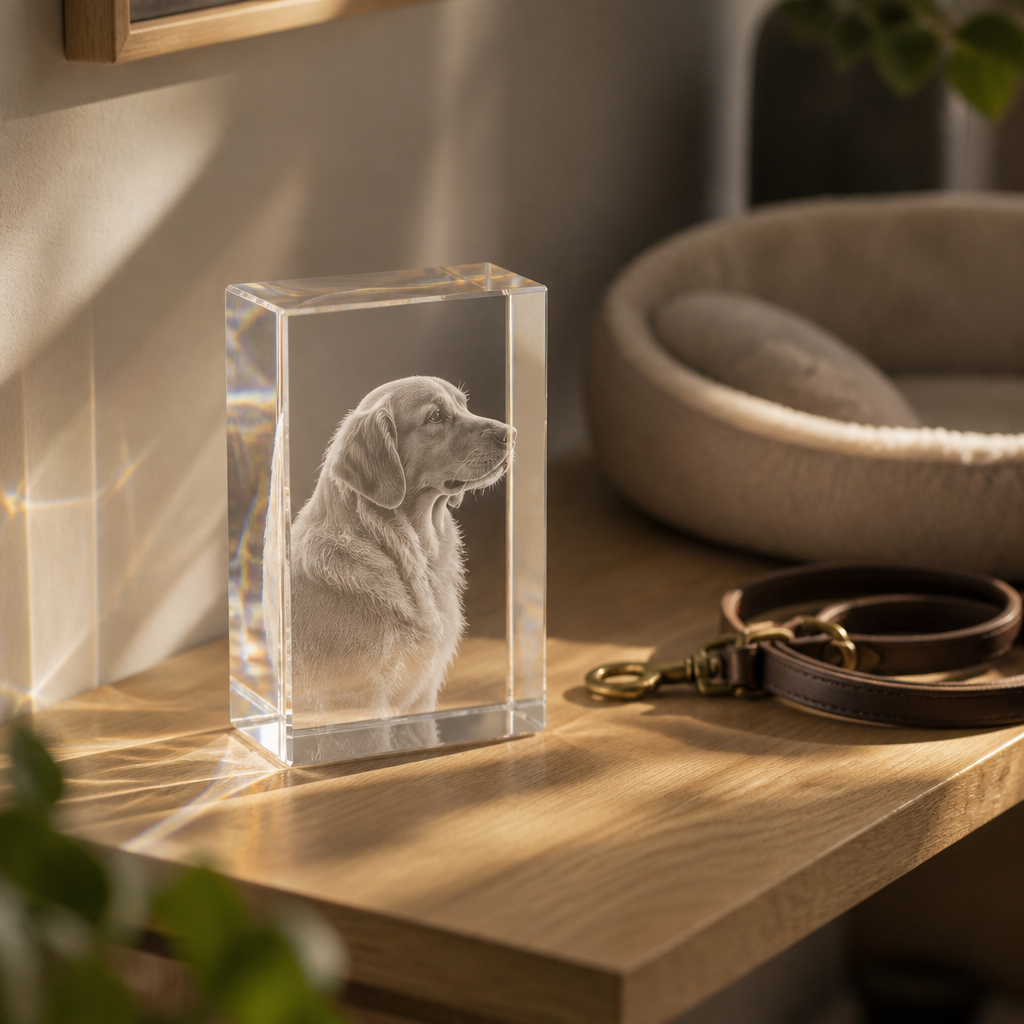 Clear acrylic pet memorial catching soft daylight on a wooden shelf in a quiet living room.
