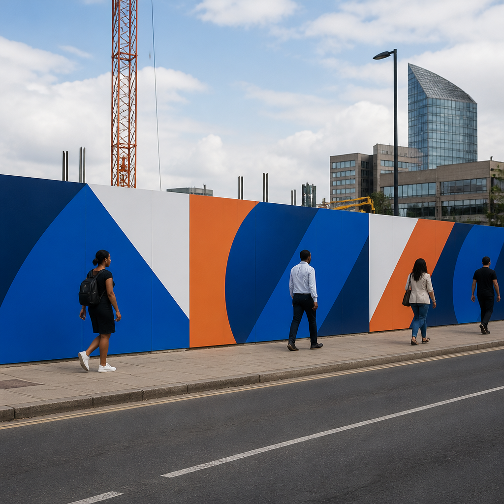 Construction hoarding signage South Africa: branded graphic panels on a building site fence beside a city road