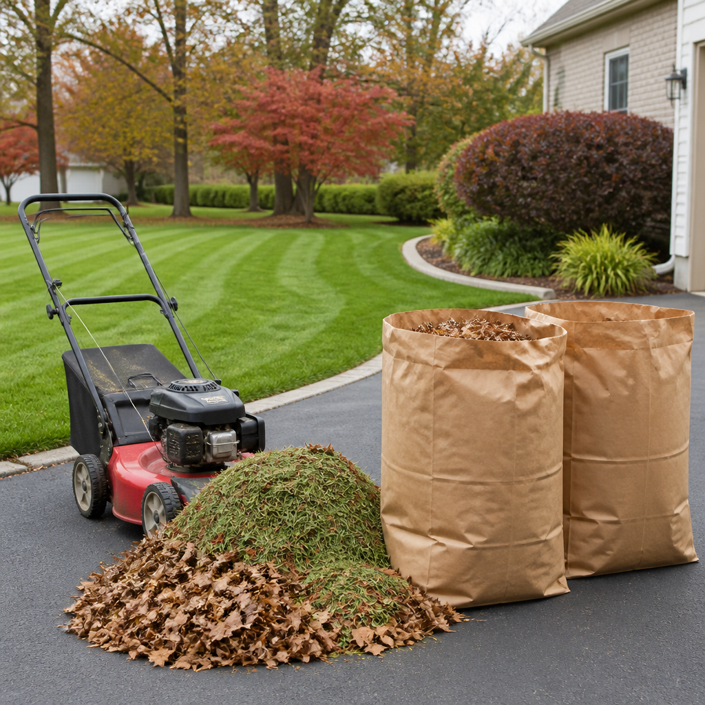 Bagged grass clippings and fall leaves beside a push mower on a tidy Alabama lawn edge