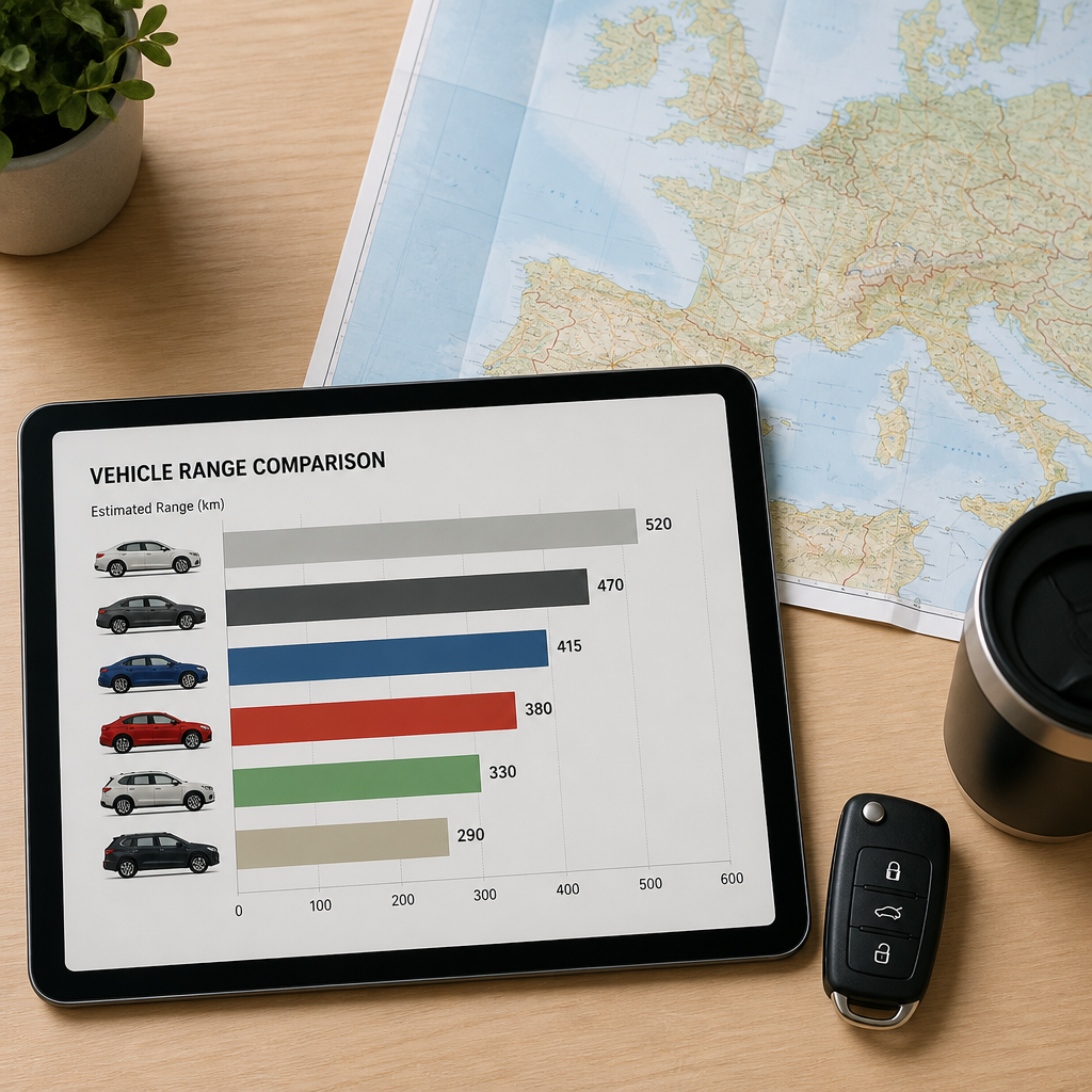 Road map of Europe and a tablet showing a vehicle range comparison chart for planning long EV journeys.