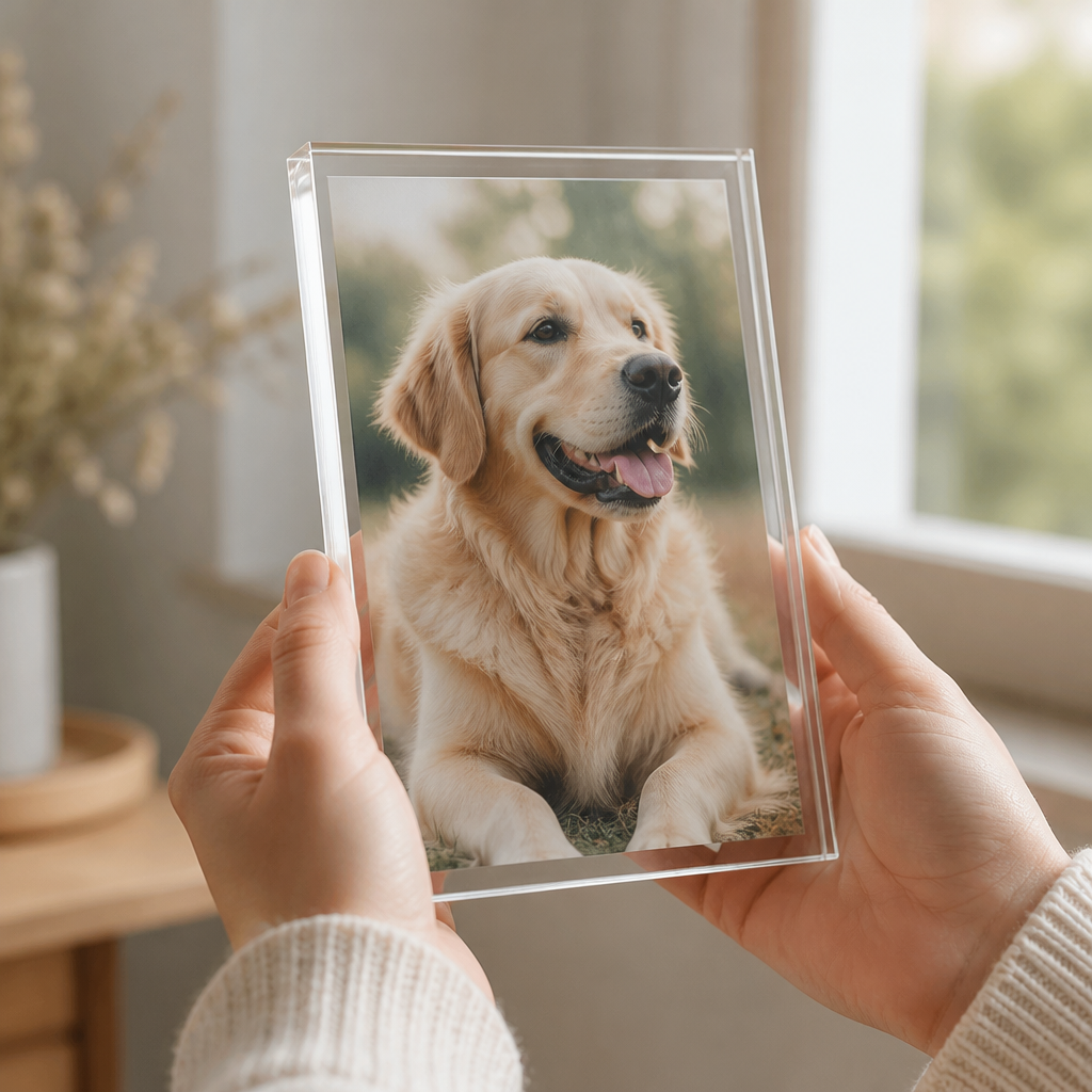 Hands holding a clear acrylic memorial panel showing a softly lit photo of a dog.