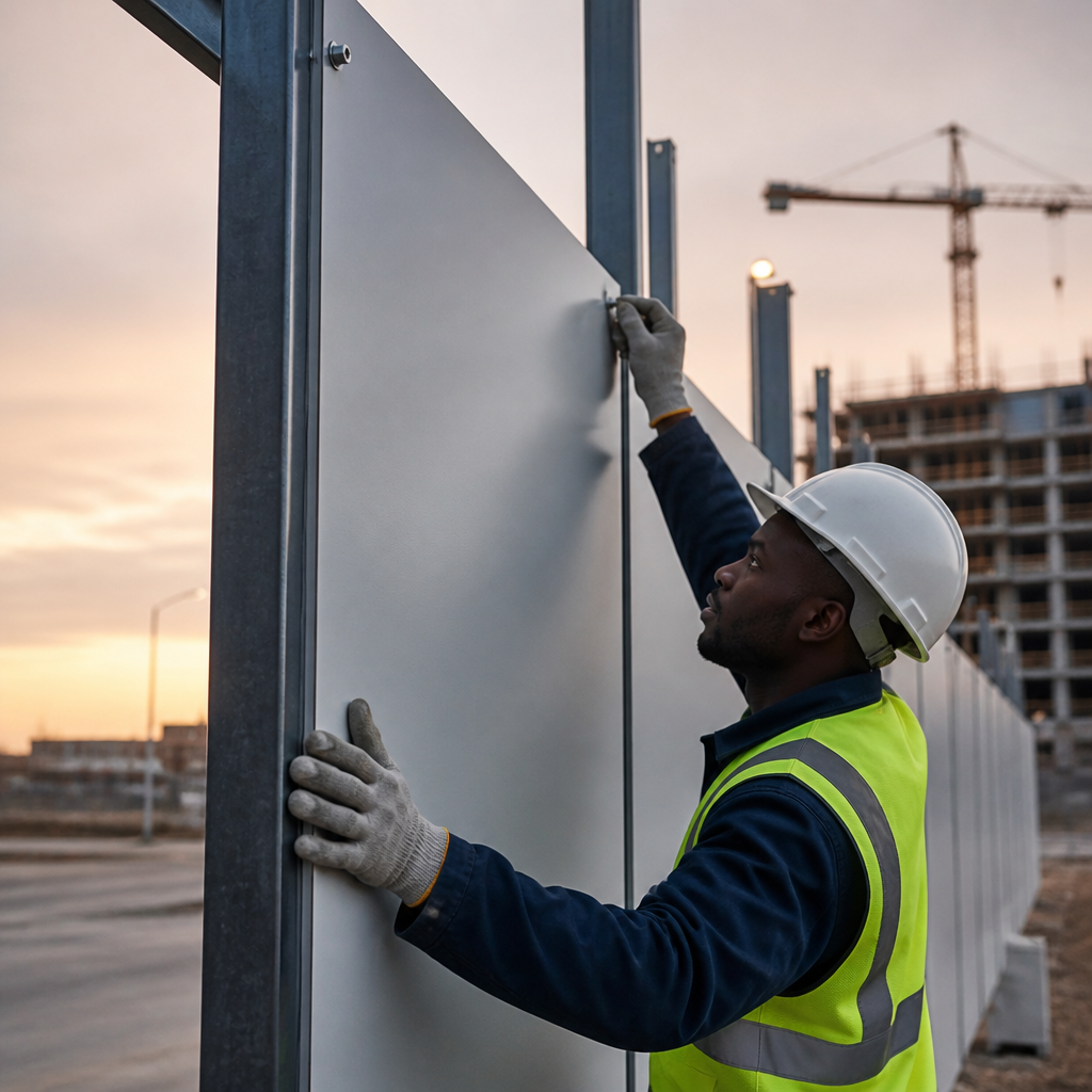 Technician fixing a weather-resistant hoarding panel to a steel frame on a building site