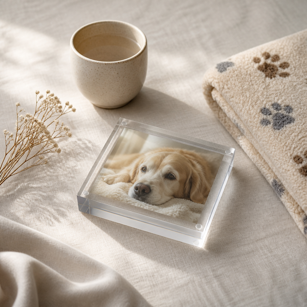 Flat-lay of an acrylic pet memorial beside a sprig of dried flowers and a folded blanket.