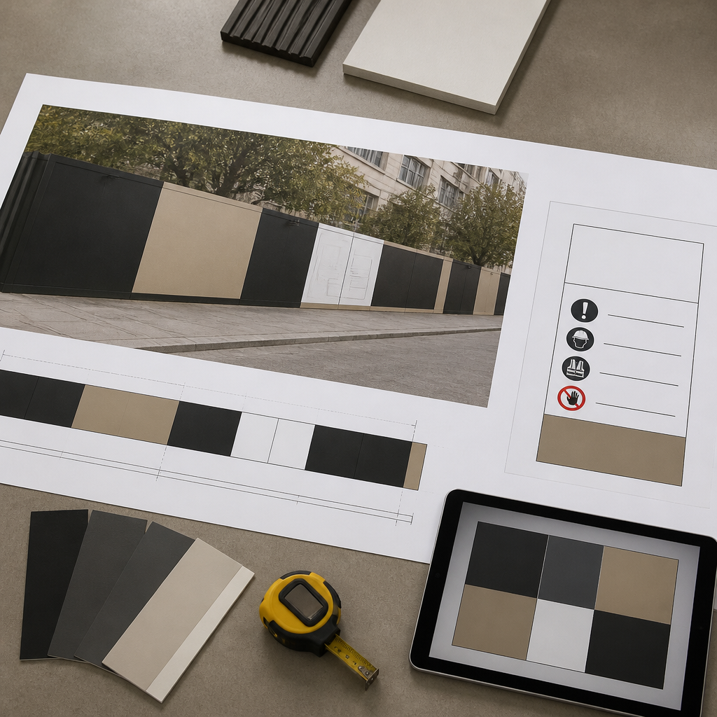 Design proposal for site hoarding panels with colour swatches, measuring tape and a safety notice layout