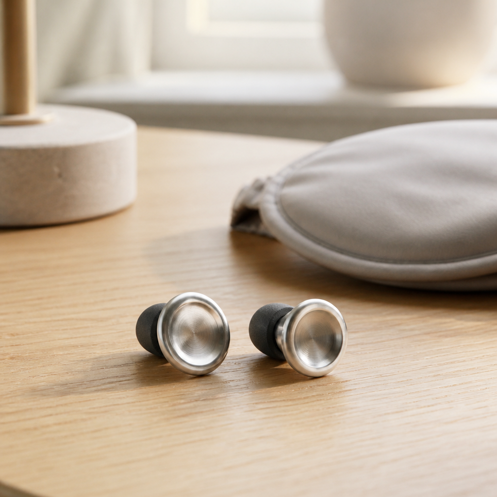 Concave aluminium reusable ear plugs with soft memory foam tips resting on a bedside table, illustrating ear plug fit noise reduction.