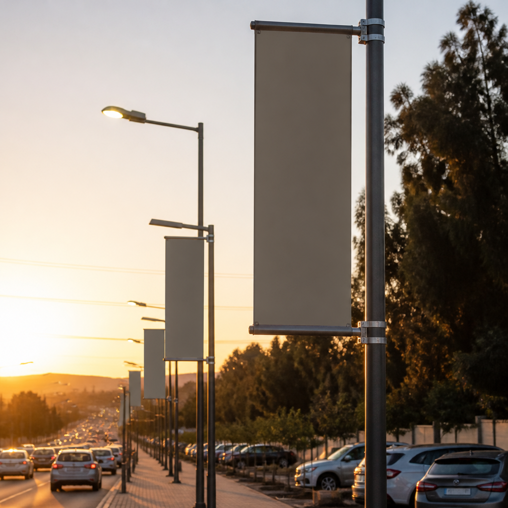 Vertical banners mounted on street lamp posts along a Gauteng road at golden hour, illustrating street pole advertising in South Africa.