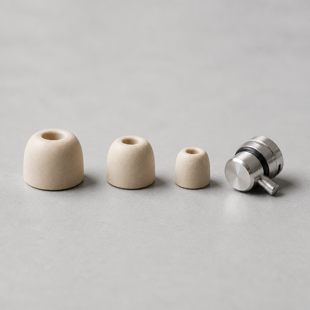 Three sizes of soft foam ear plug tips arranged in a row beside a metal body, showing sizing for a good ear plug seal.