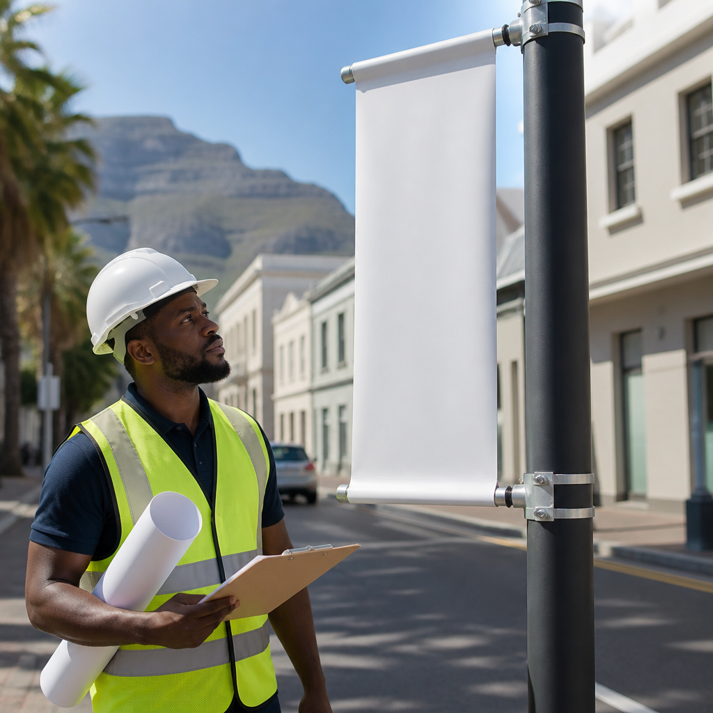 Signage installer preparing a lamp post banner mount on a South African street before fitting the pole banner.