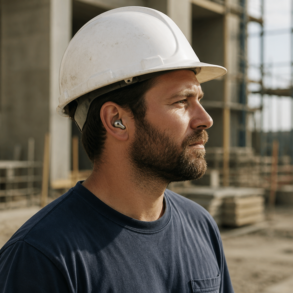 Worker on a job site wearing reusable ear plugs, showing protection for loud professional environments.