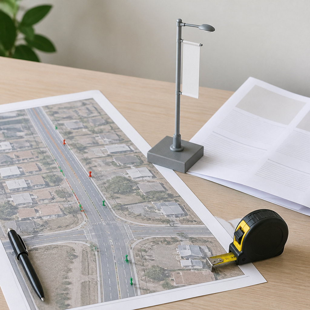 Desk with a road site plan, pinned lamp post locations and a model pole banner, planning outdoor local advertising signs.