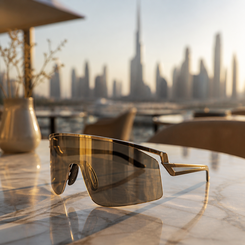 Wraparound metallic sport sunglasses on a sunlit cafe table with a blurred Dubai skyline behind them