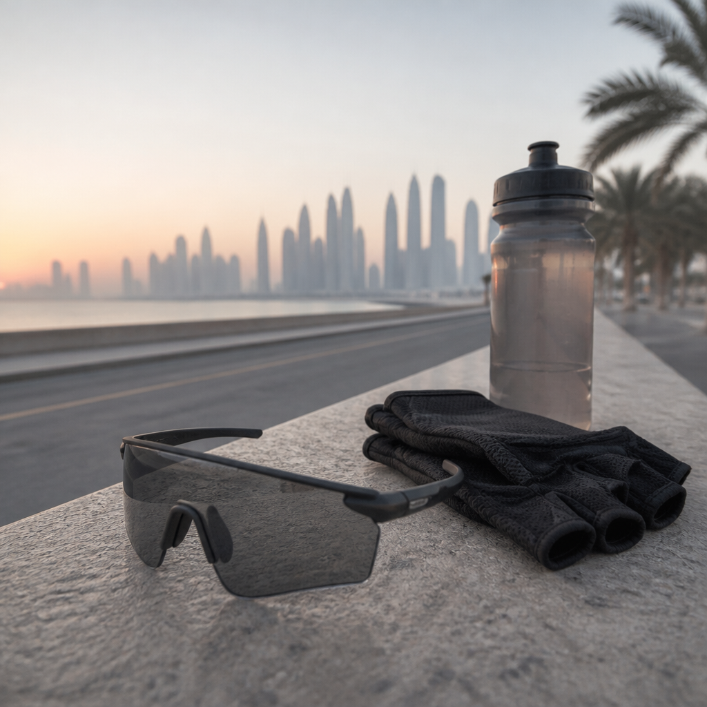 Sport sunglasses with a mask-style lens beside gloves and a water bottle on an early morning coastal road