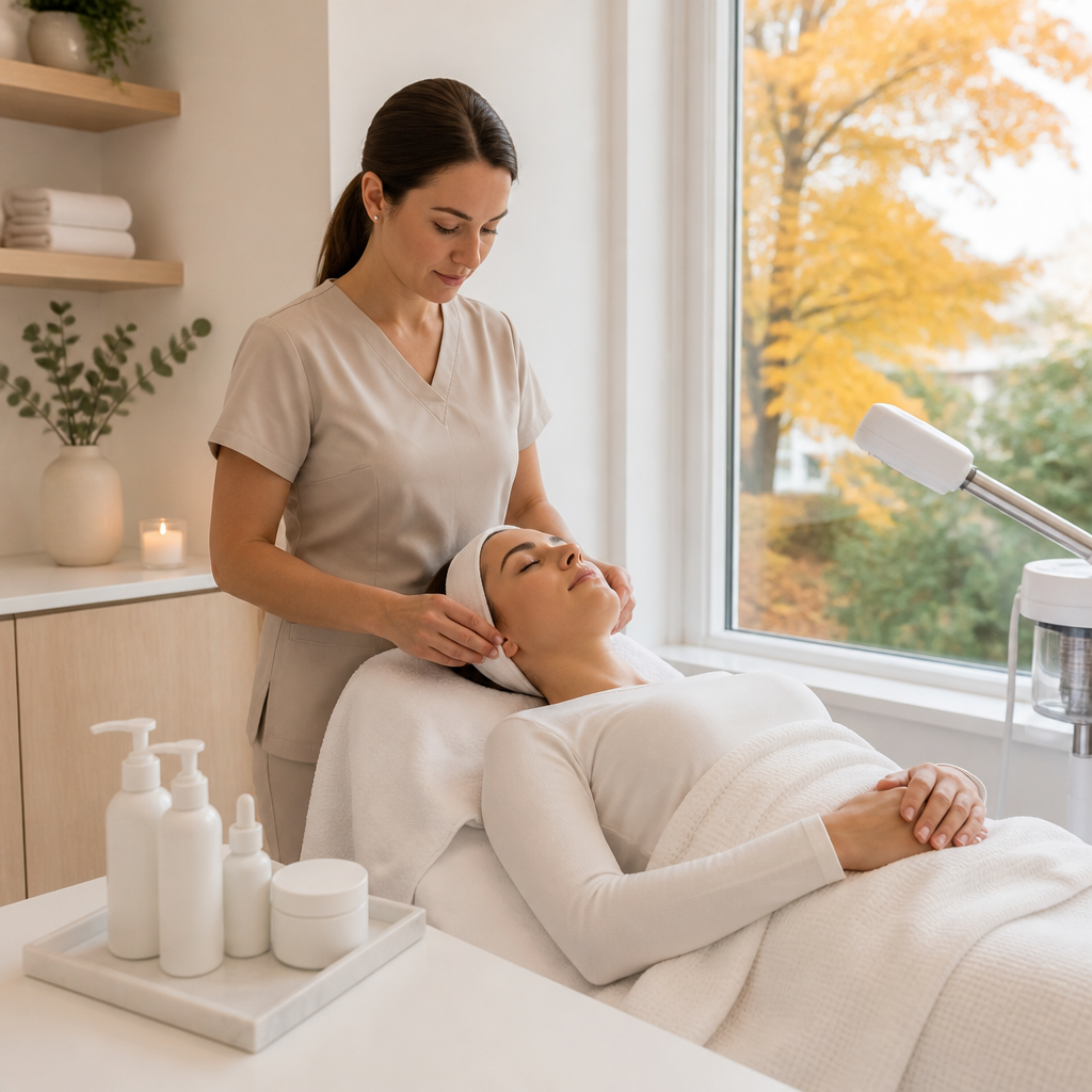 Esthetician preparing a clothed client for a hydrating medical facial in a bright Aurora medspa treatment room