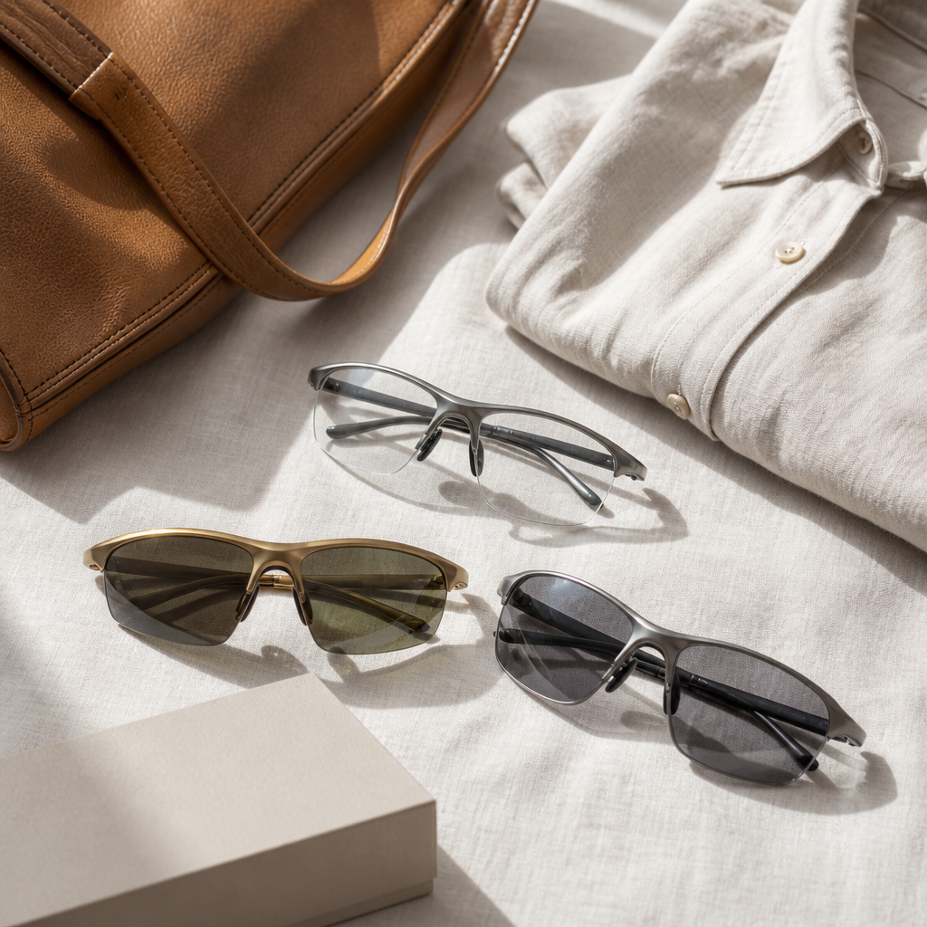 Three athletic-style designer sunglasses in metallic finishes arranged with a leather tote on linen
