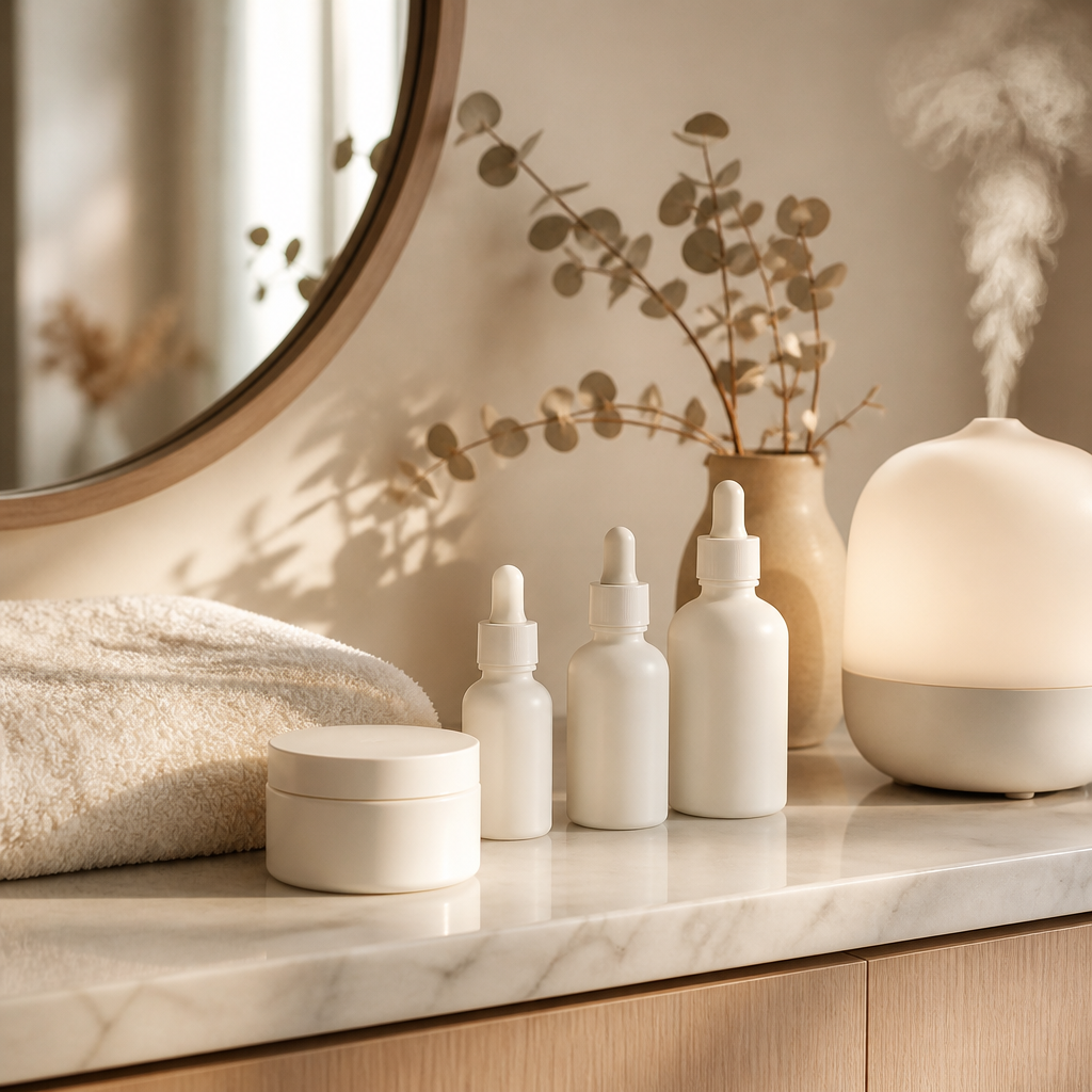 Plain skincare bottles and a cream jar arranged on a bathroom vanity as part of a winter home care routine