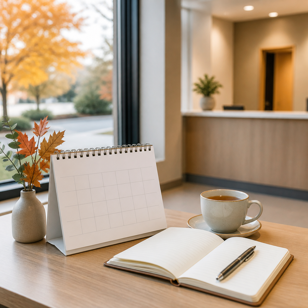Desk with an open calendar and tea beside a window, planning fall appointments before winter