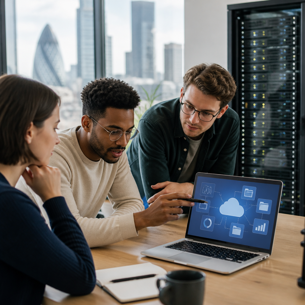 Small London business team reviewing cloud backup dashboard on a laptop in a bright office