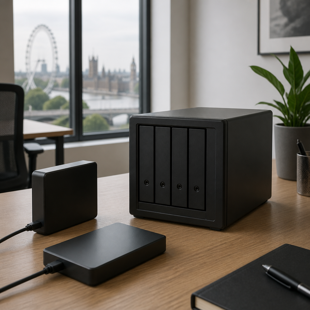 Plain on-site backup drives and storage unit on an office desk, showing local backup hardware