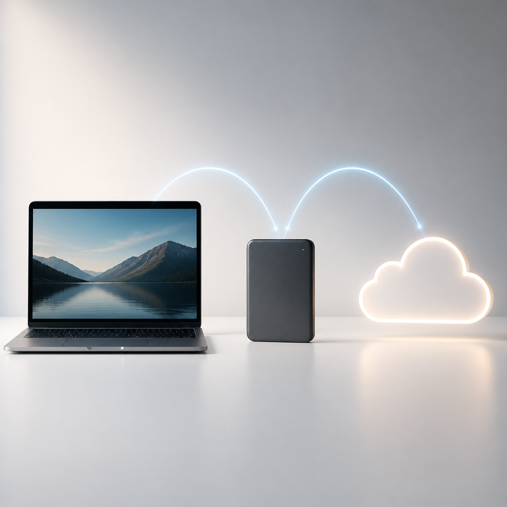 Three backup copies across devices and cloud illustrating the 3-2-1 backup rule for business data