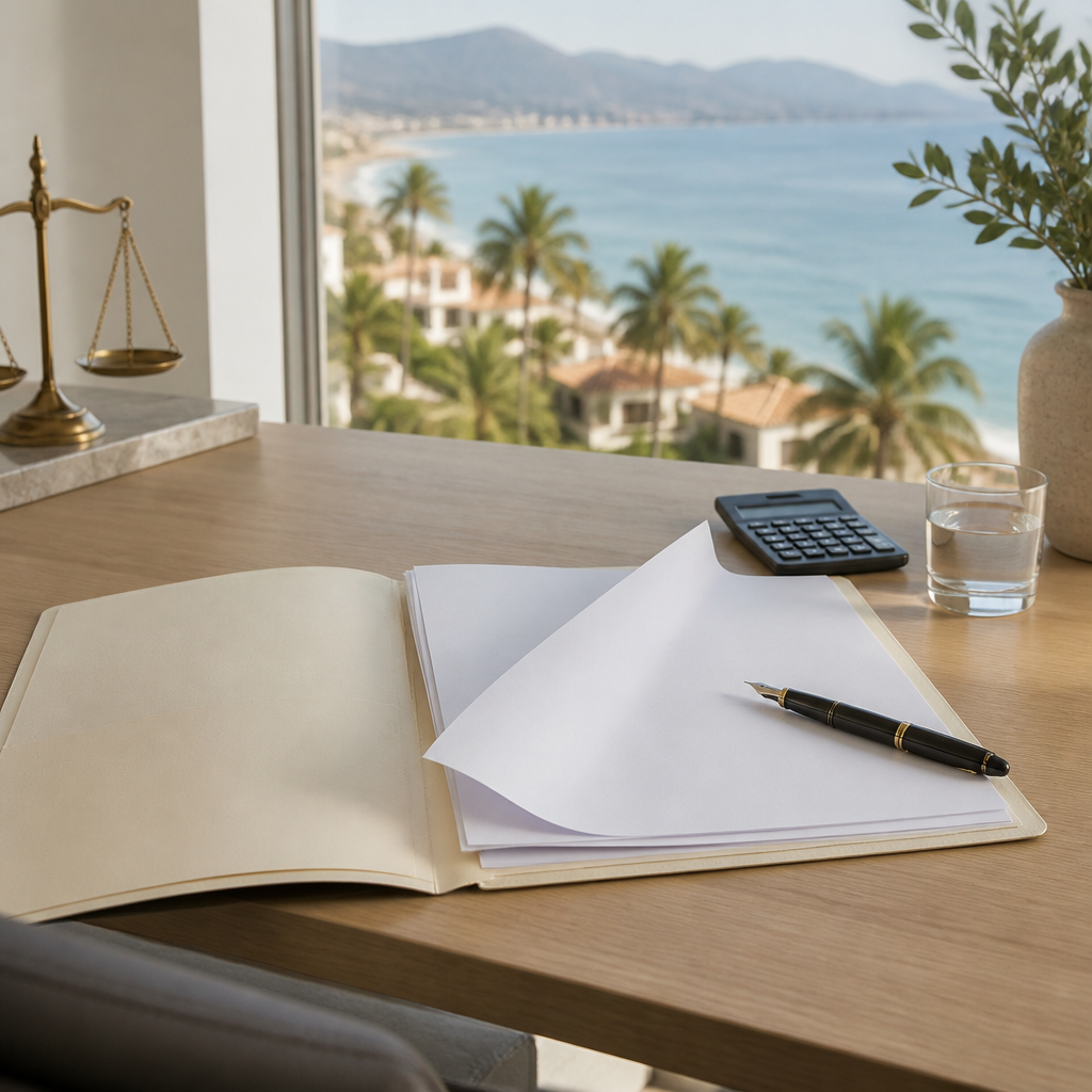 Closing cost paperwork and calculator on a desk in a Puerto Vallarta law office overlooking palm trees