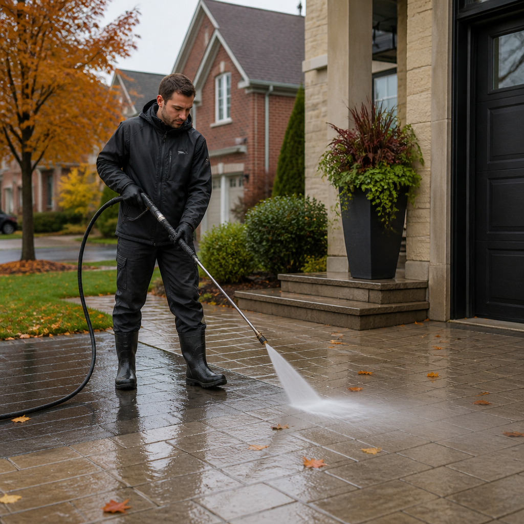 Power washing a residential driveway and walkway in Oakville during fall, with wet leaves on light concrete pavers.