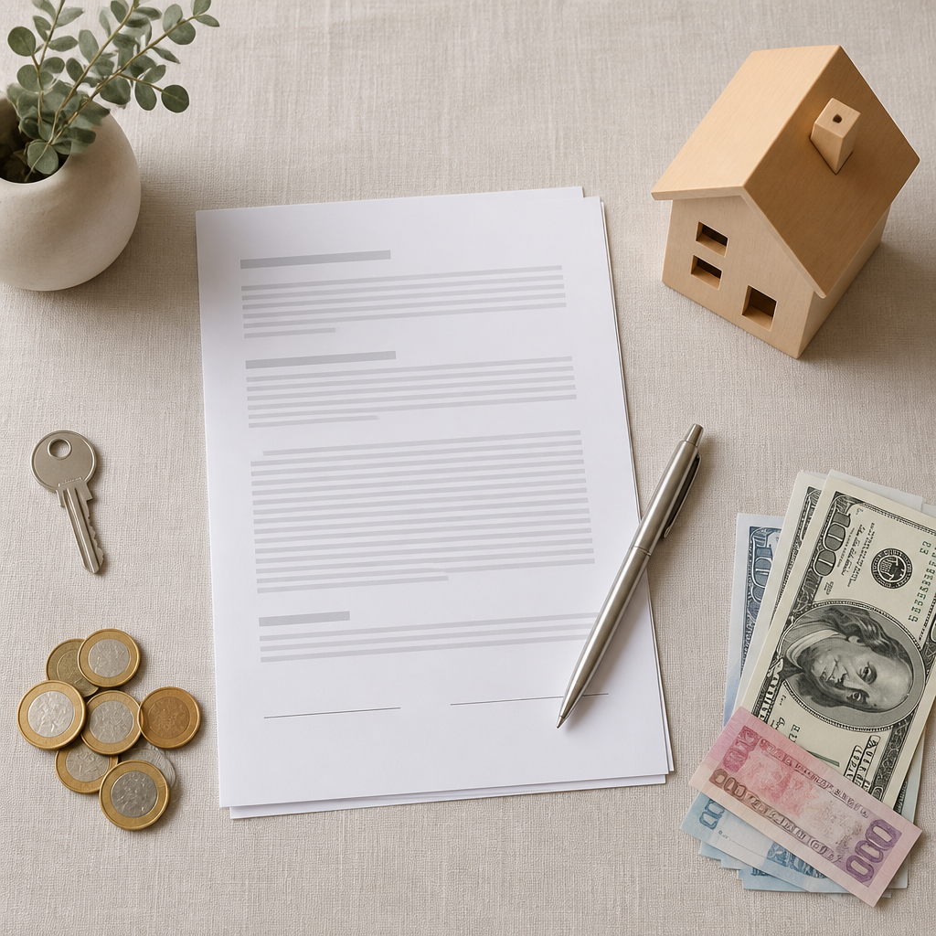 Flat-lay of house keys, cash, and a contract representing property purchase costs in Mexico
