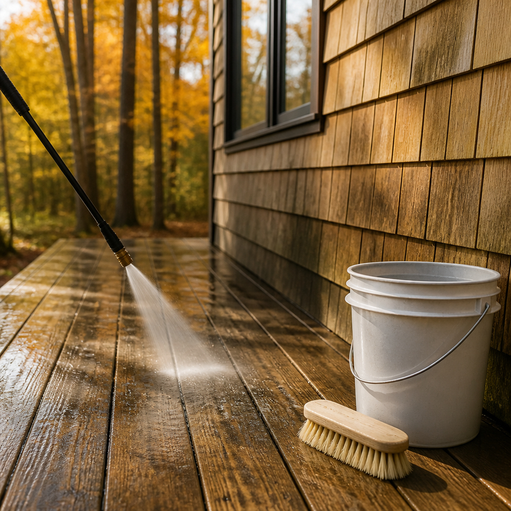 Gentle low-pressure washing of weathered cedar siding and a wooden deck during a fall cleaning.