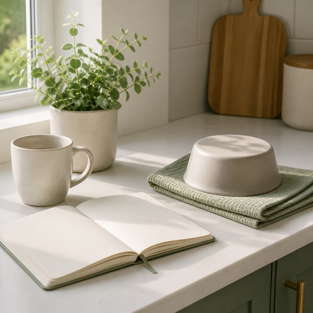 Ceramic mug and an upturned pet bowl on a sunlit kitchen counter, symbolizing daily routines that change after loss.