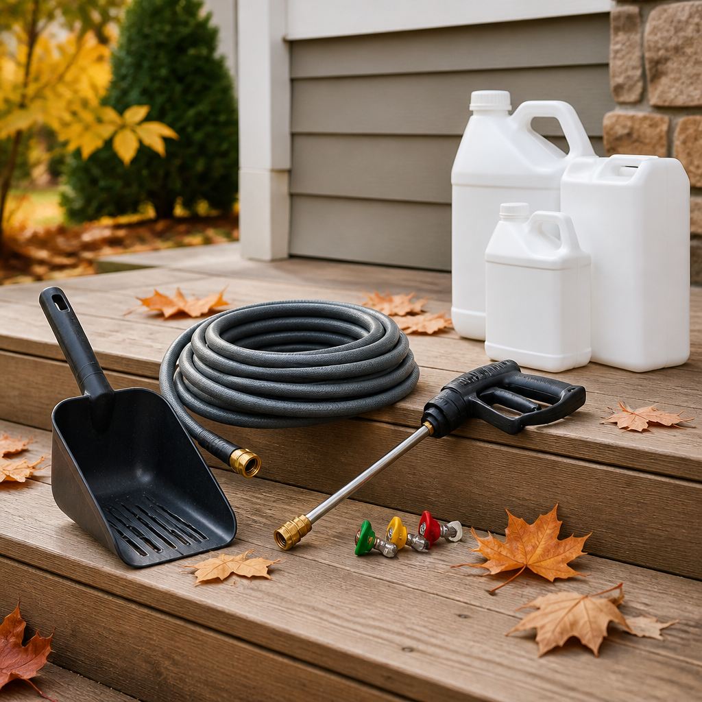 Exterior cleaning tools for fall home maintenance, including a gutter scoop, hose, and pressure washer nozzle.
