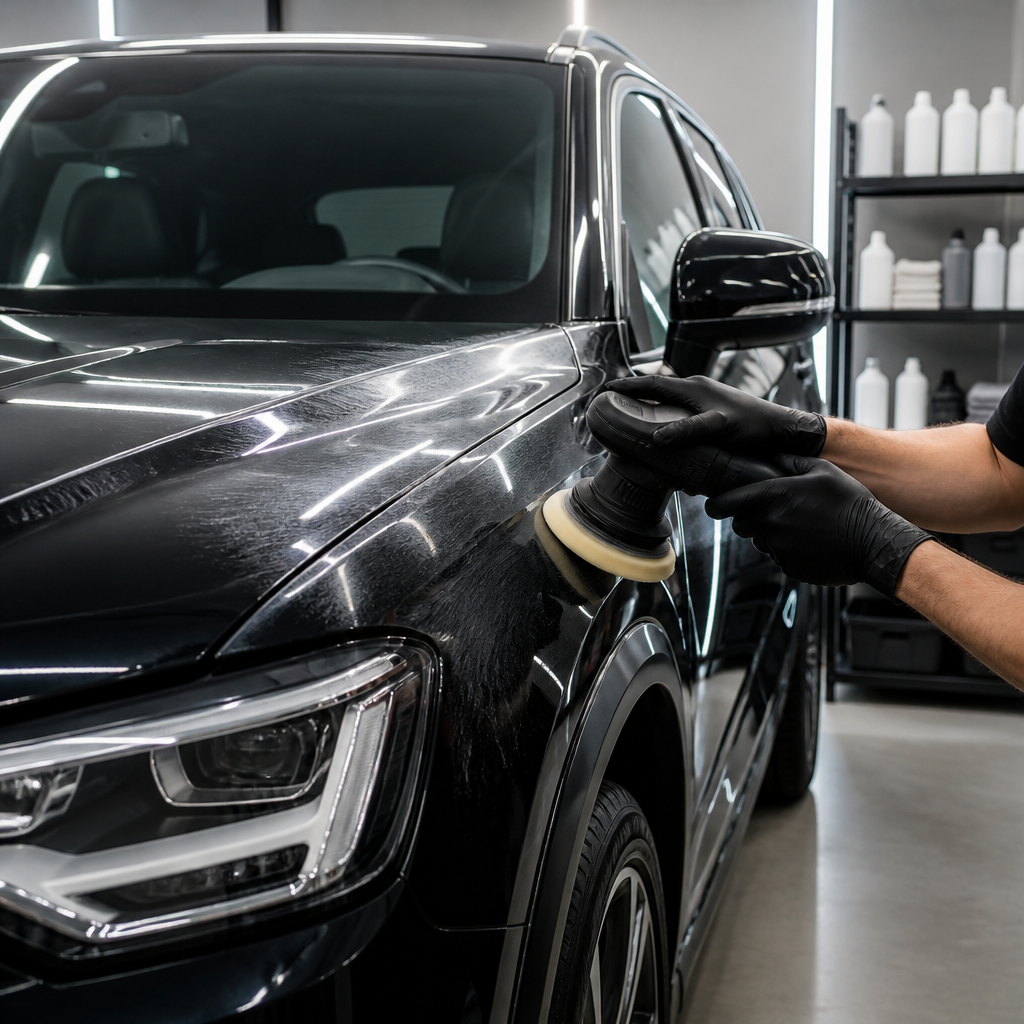 Machine polisher correcting paint on a black SUV in a detailing bay, showing highway driving paint contamination being removed.