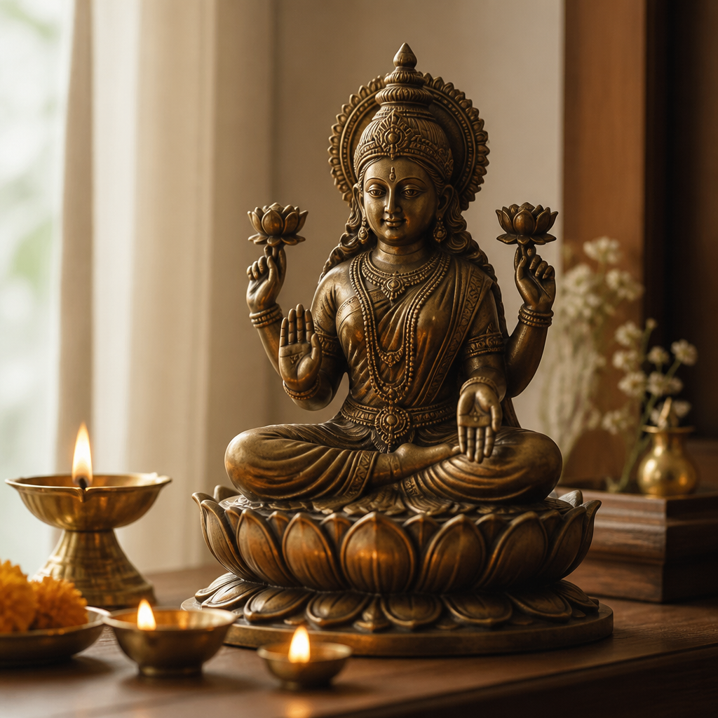 Bronze Lakshmi statue, a Hindu goddess sculpture, on a home altar with lit diyas for a Diwali sculpture gift.
