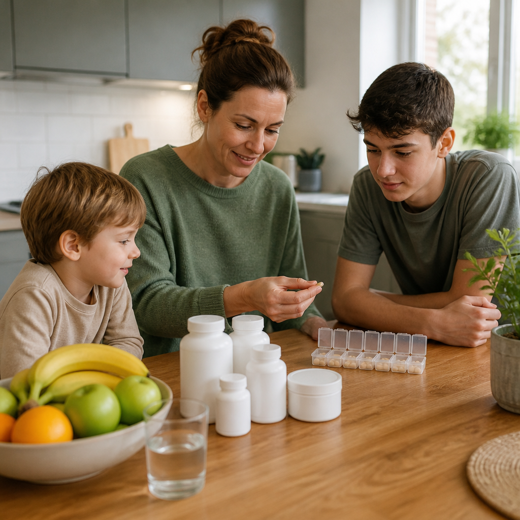 Family kitchen table with fruit, water and plain supplement containers beside a weekly pill organiser for a family supplement routine UK.