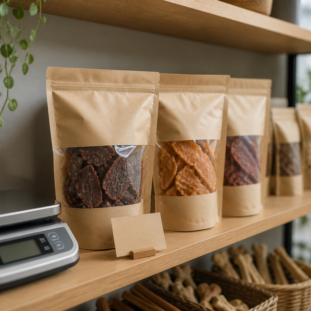 Plain bags of air-dried meat dog treats beside a kitchen scale, illustrating the cost of pet treats in Australia.