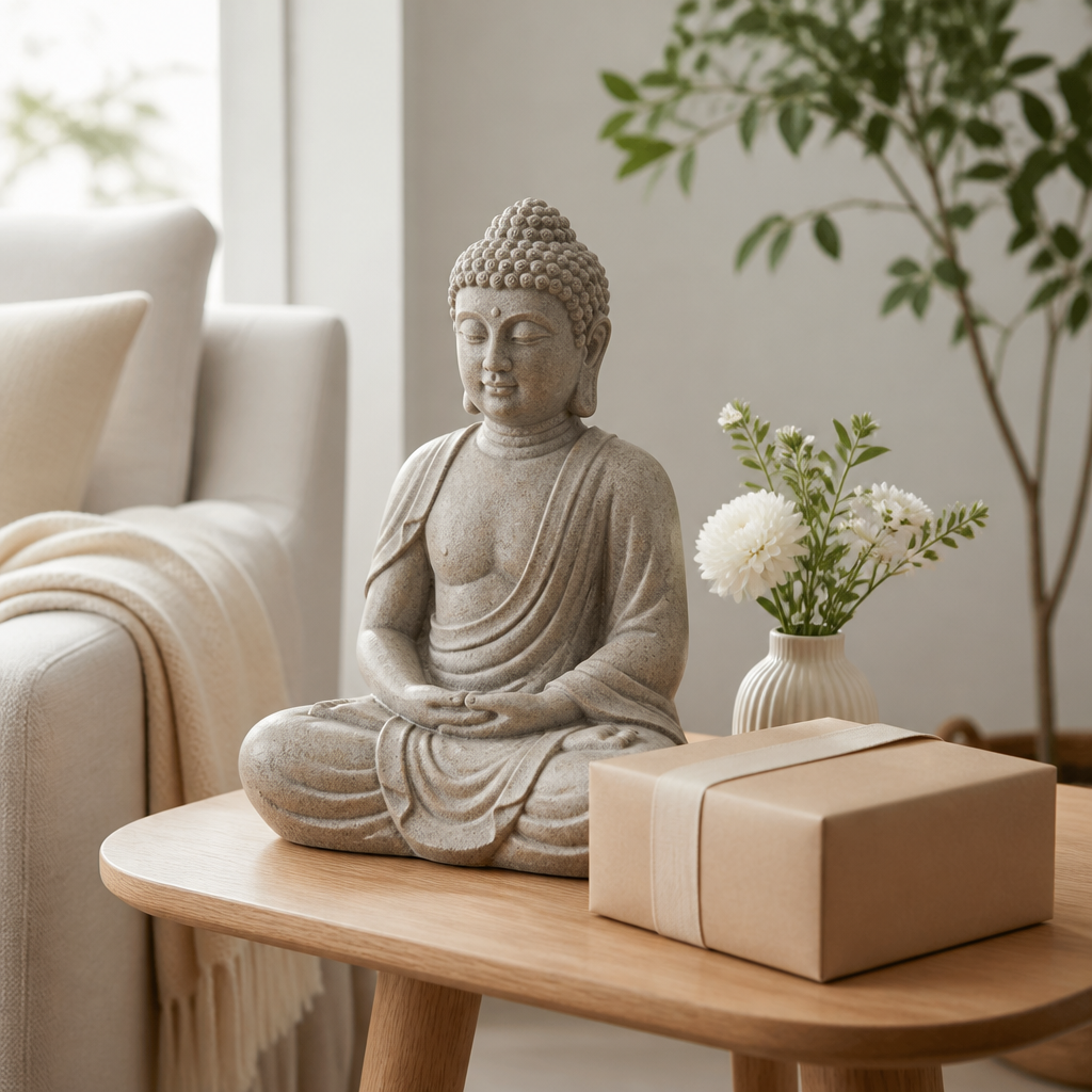 Seated stone Buddha statue, a Buddhist art gift, displayed on a minimal wooden table in a bright room.