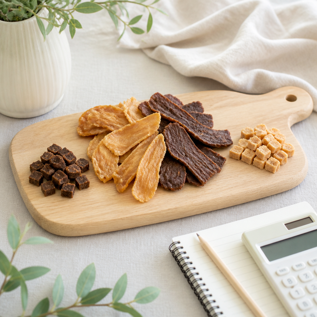 Air-dried chicken and beef pet treat chips arranged on a board with a calculator and notebook for budgeting.