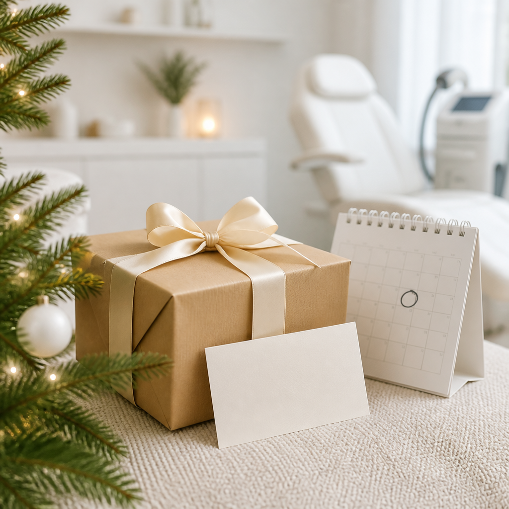 Wrapped Christmas gift with a plain gift card and calendar, illustrating a laser hair removal gift in Liverpool.
