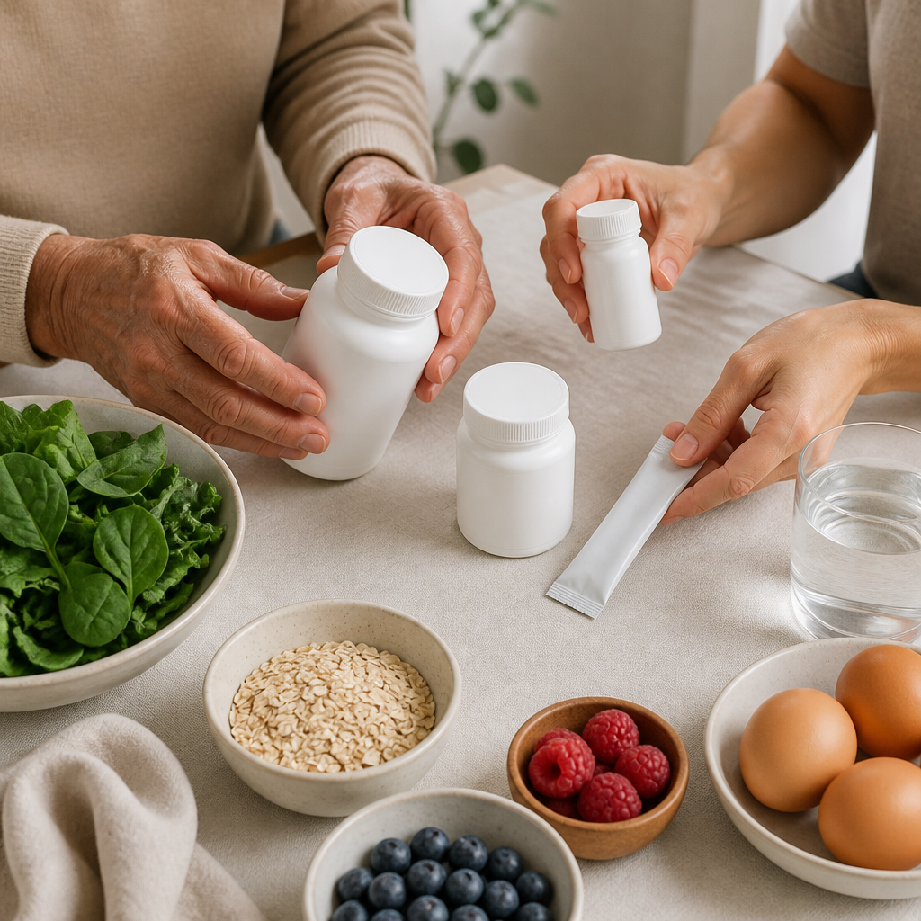 Hands sorting plain supplement containers next to fresh greens, eggs and oats, showing food-first habits for all ages.