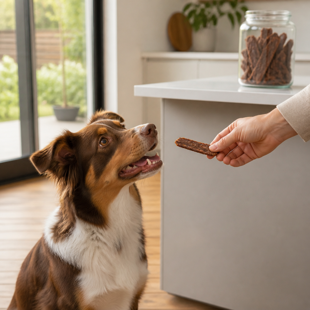 Dog sitting attentively while its owner offers a single air-dried meat treat during training at home.