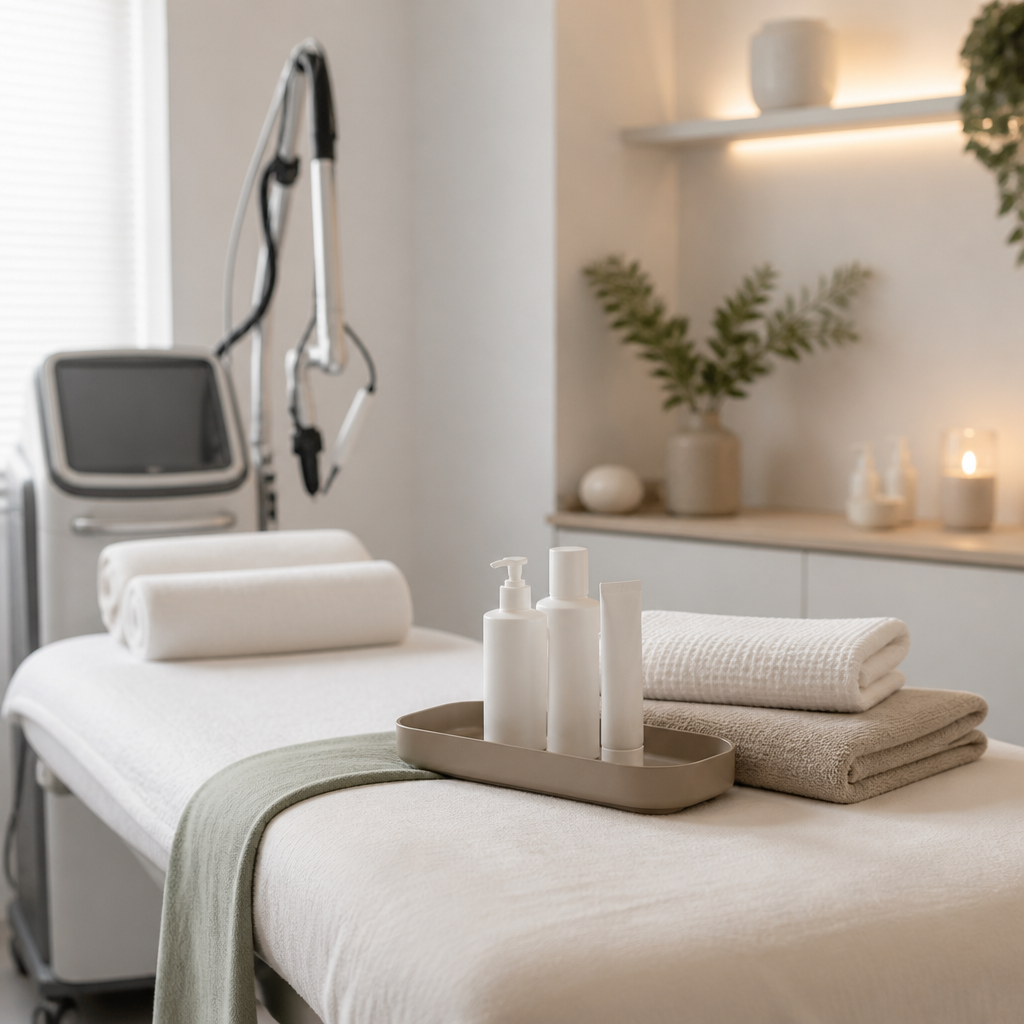 Clean treatment room with a padded bed and towels, showing a laser hair removal setting in Liverpool.
