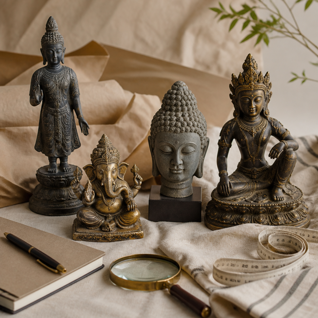 Flat-lay of Hindu and Buddhist statues of varied sizes with a measuring tape, for choosing a museum quality Asian art gift.