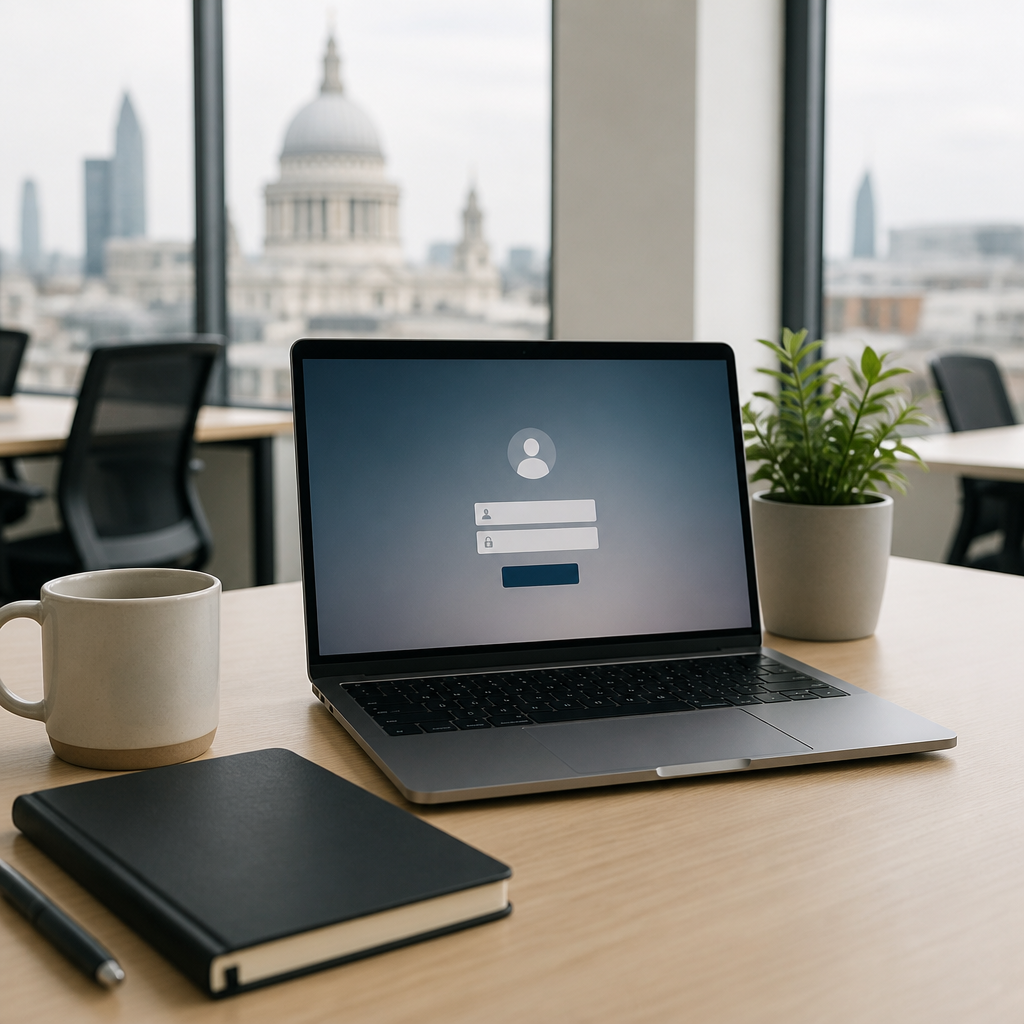 New starter's desk in a bright London office with a laptop set up ready for IT onboarding on the first day.