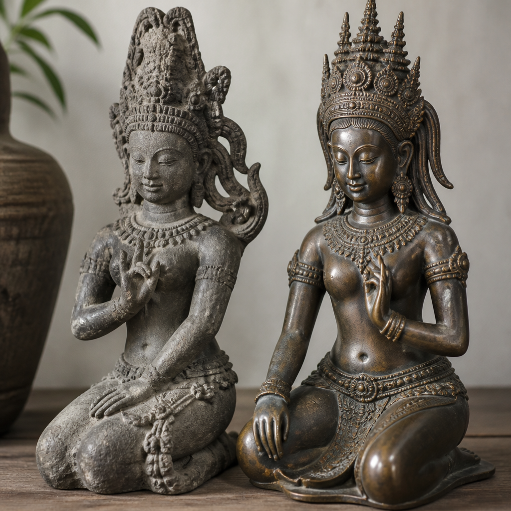 Stone and bronze Apsara statues side by side, showing differences in material, hands and headdress detail.