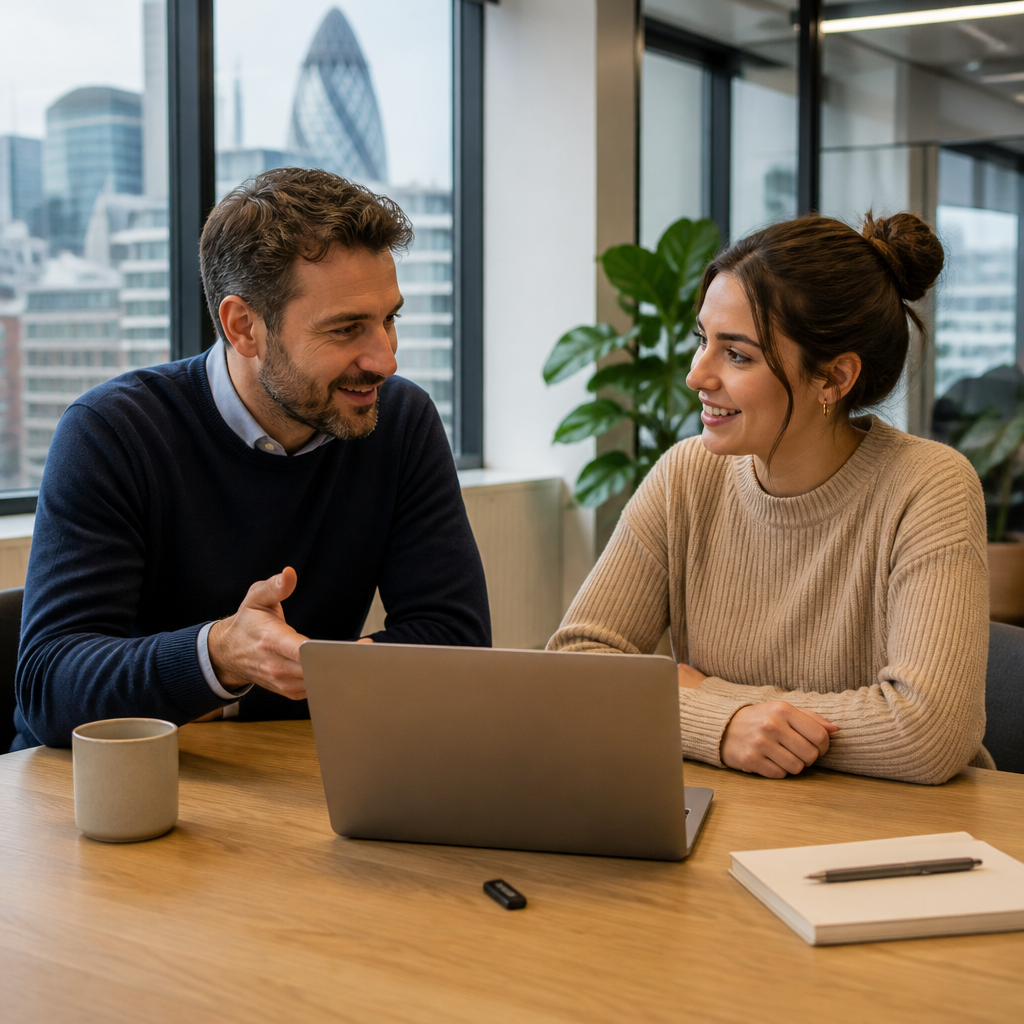 Manager and new hire at a London office table with a laptop and security key during staff setup.