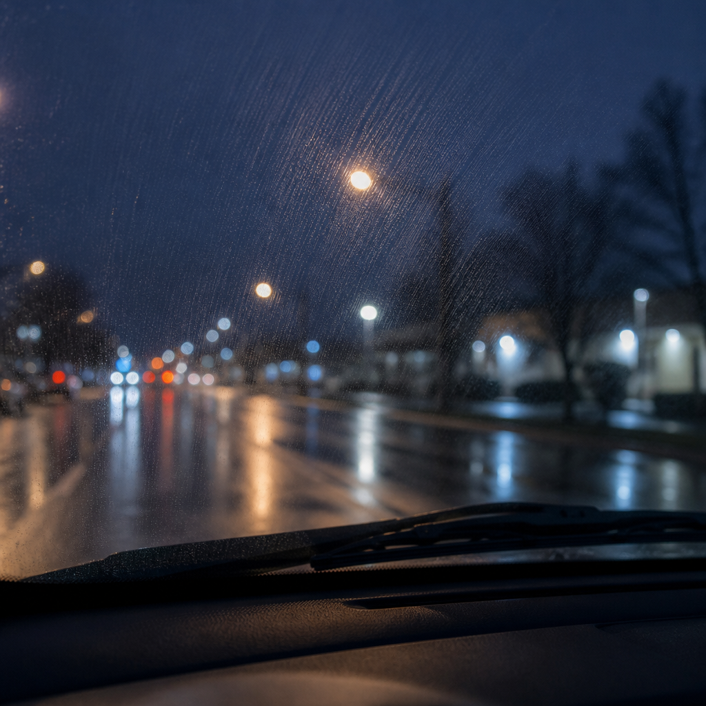 Rain-soaked windshield at night showing wiper streaks caused by bonded contamination on exterior glass.