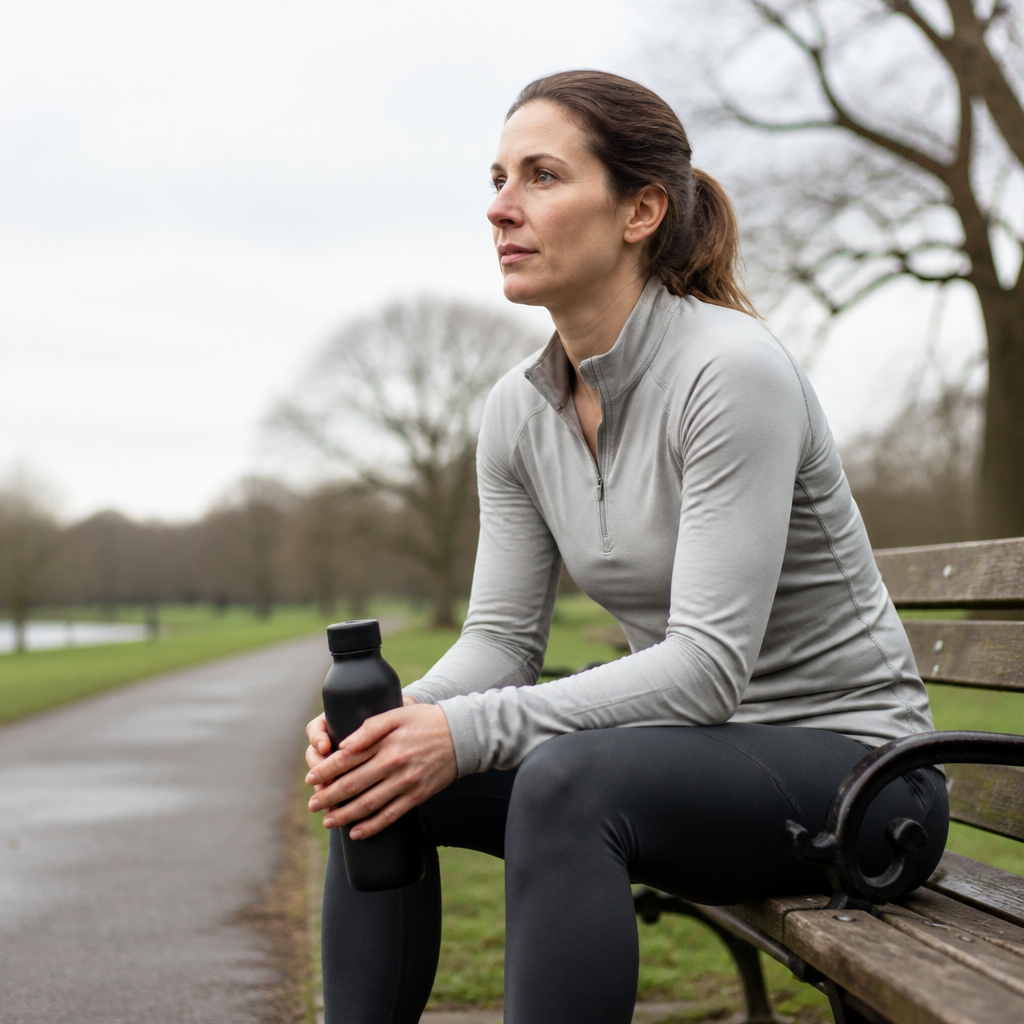 Active adult resting on a park bench with a water bottle after training, illustrating overtraining syndrome UK recovery