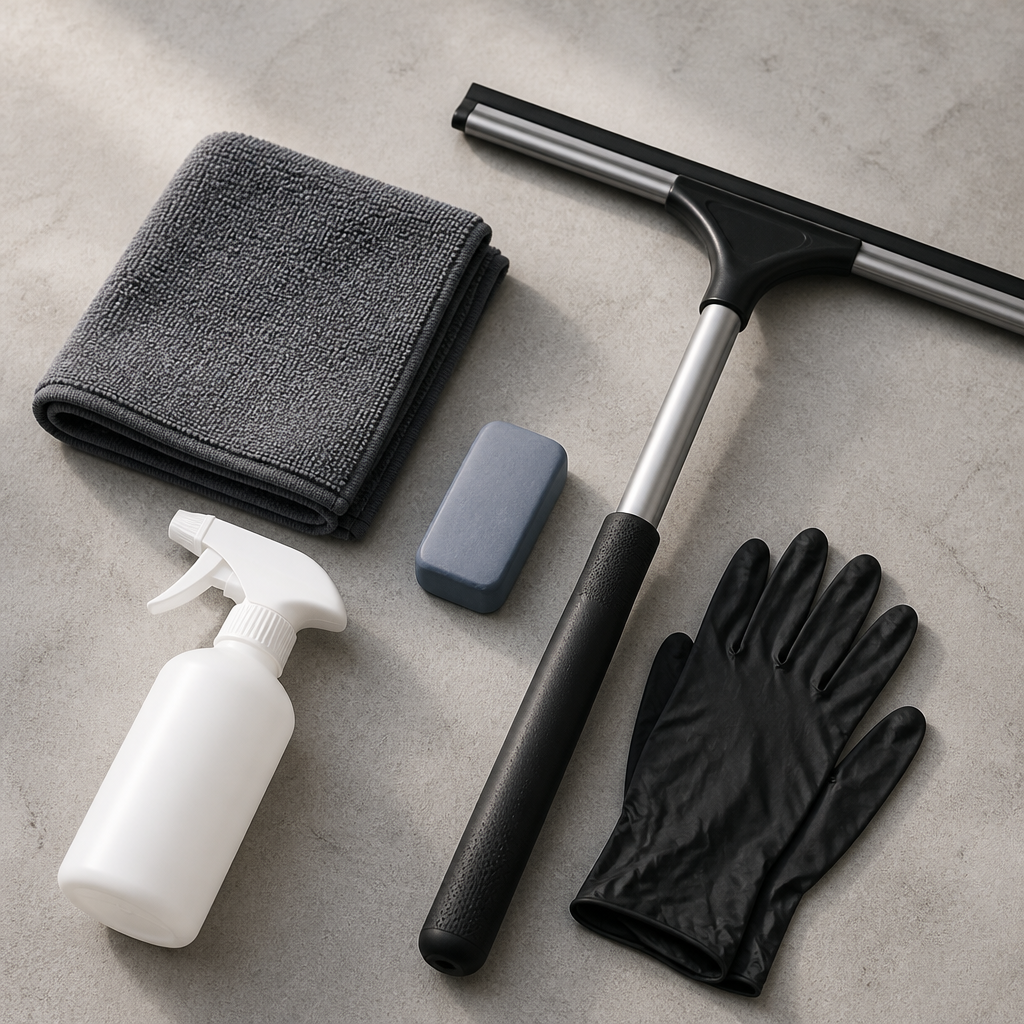Exterior glass cleaning tools laid out for a car detailing service, including microfiber towels and a clay bar.