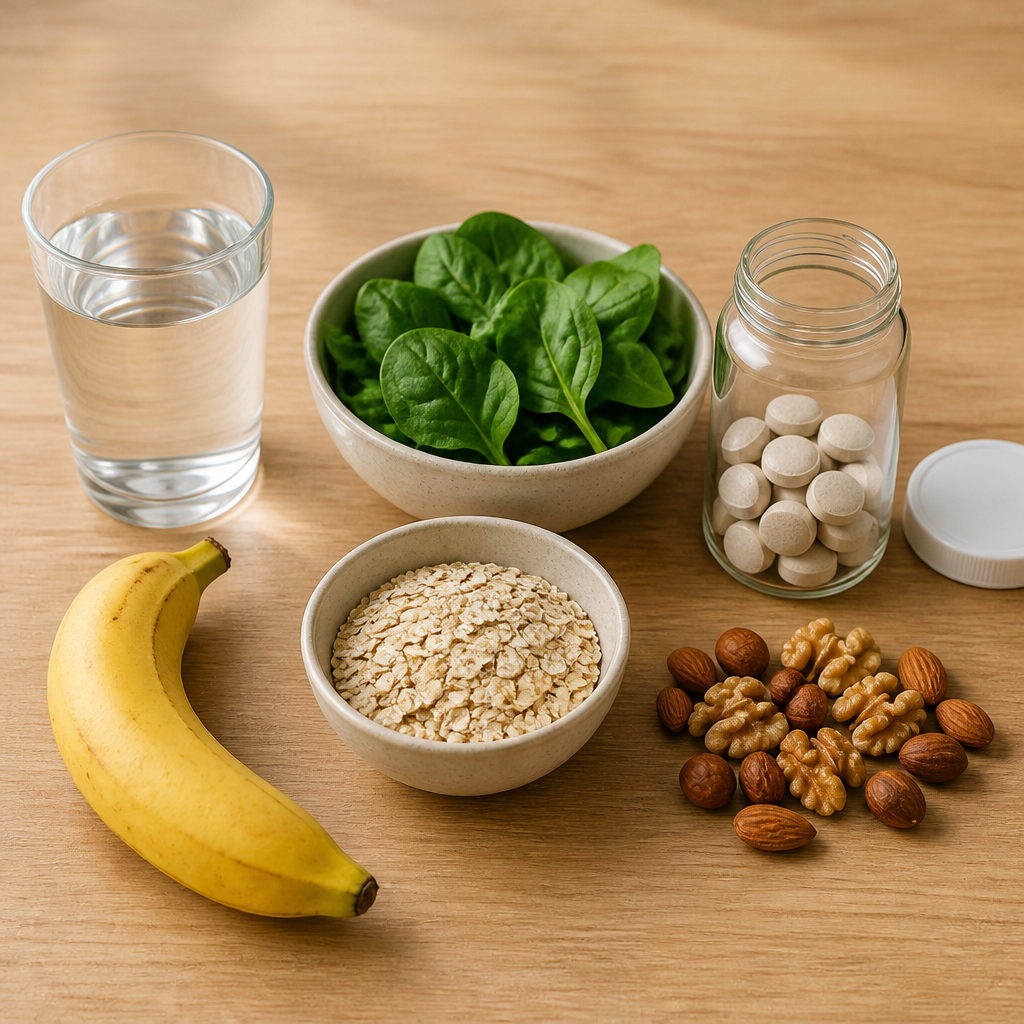 Flat-lay of oats, greens, banana and water representing nutritional deficiency in sport diets